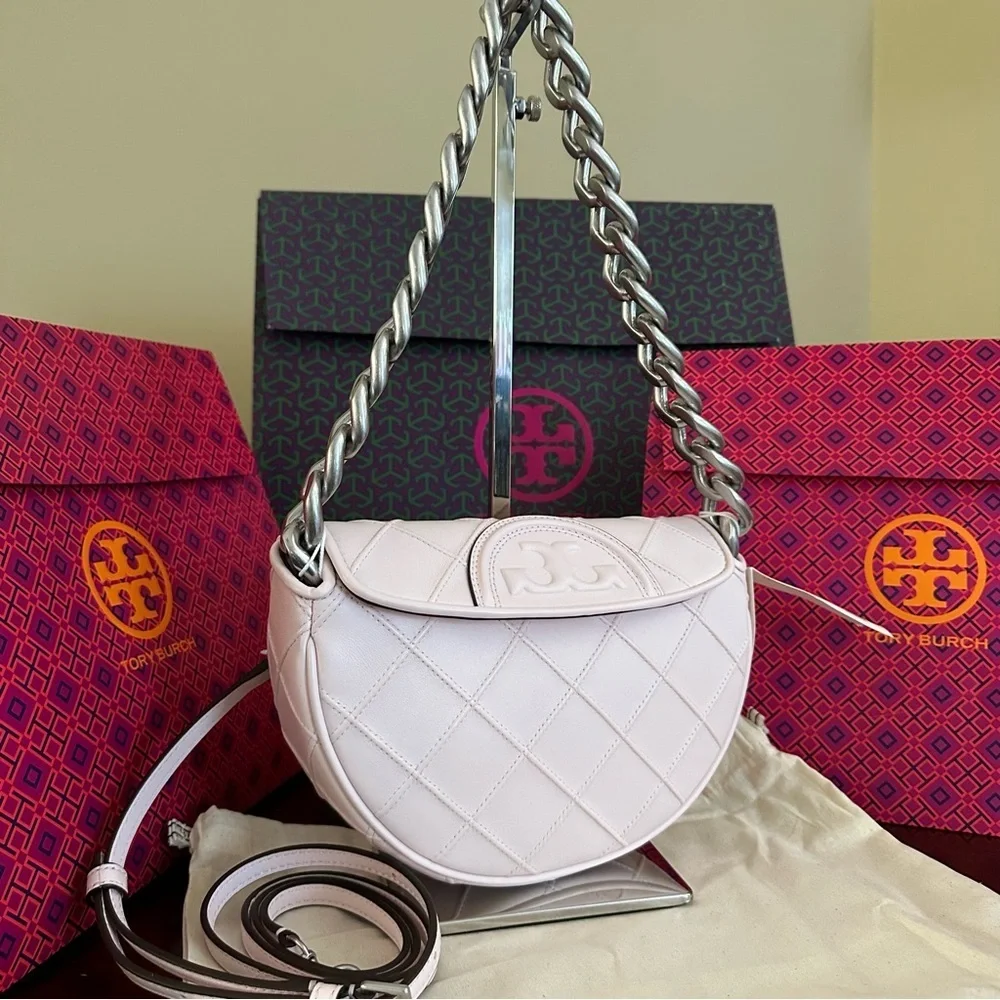 Tory Burch Pale Pink Quilted Half-Moon Shoulder Bag with Chain Strap